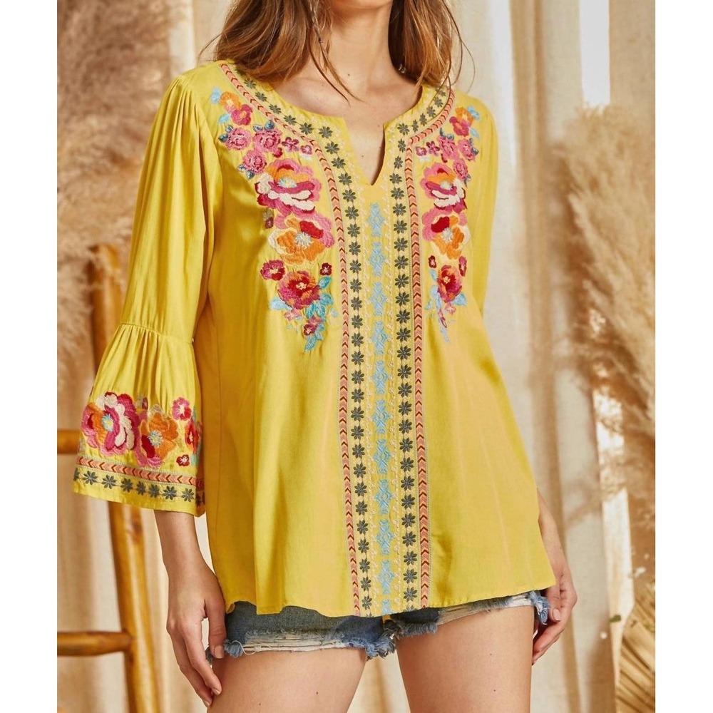 Boho‎ Embroidered Bell Sleeve Tunic Top Marigold Yellow Women's Size S Bohemian